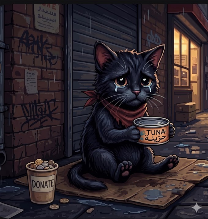 A sad little black kitten begging on the street, holding a tuna can next to a donation cup